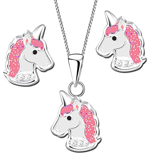 Kinder Mädchen Schmuck-Set echt 925 Sterling Silber Glitzer Einhorn Pferde Kette mit Ohrringe Ohrstecker (k207+K237 40+5cm) von FANTASTIC NAILS COSMETIC COLLECTIONS