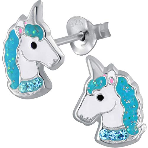 Kinder Ohrringe aus 925 Sterling Silber mit Zirkonia Mädchen Ohrstecker Pferd Einhorn (K756 Silber Türkis) von FANTASTIC NAILS COSMETIC COLLECTIONS