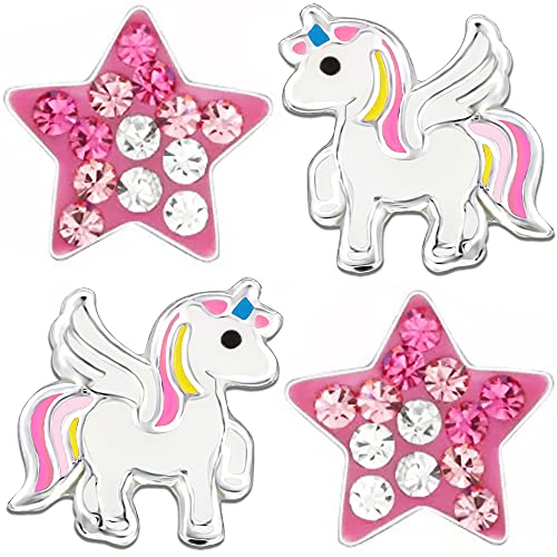 Kleine Kinder Mädchen Schmuck Ohrringe echt 925 Sterling Silber Ohrstecker Einhorn Pferde Sterne (K999+K315o) von FANTASTIC NAILS COSMETIC COLLECTIONS