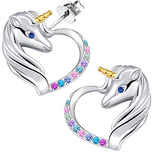 Mädchen Einhorn Herz Ohrringe aus 925 Sterling Silber mit Rundschliff Zirkonia (K911 + Schmetterling Dose V10) von FANTASTIC NAILS COSMETIC COLLECTIONS