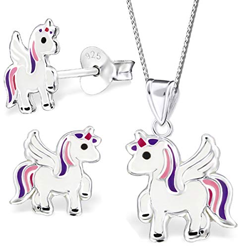 Kinder Mädchen Schmuckset 925 Sterling Silber Kette mit Ohrringe Set Einhorn Pferd K242 K200 40cm von FANTASTIC NAILS COSMETIC COLLECTIONS