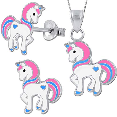 Mädchen Einhorn Set Anhänger Halskette Ohrringe 925 Sterling Silber Pferde kleine Kinder Ohrstecker K673 + 40cm + K674 von FANTASTIC NAILS COSMETIC COLLECTIONS