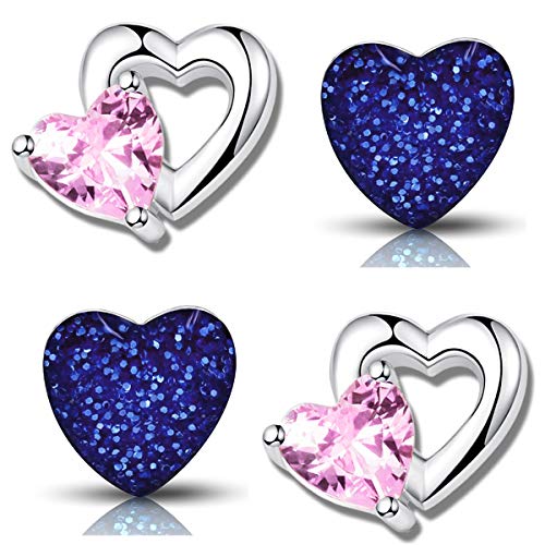 Mädchen Herz Ohrringe 925 echt Silber Sterling mit Herzschliff Zirkonia (Herz rosa + blau /K710+K249) von FANTASTIC NAILS COSMETIC COLLECTIONS