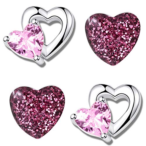 Mädchen Herz Ohrringe 925 echt Silber Sterling mit Herzschliff Zirkonia (Herz rosa + d.rosa /K710+K160) von FANTASTIC NAILS COSMETIC COLLECTIONS