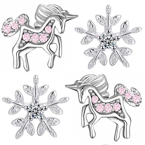 Mädchen Kinder Ohrringe echt 925 Sterling Silber Ohrstecker Einhorn Pferde Schneeflocke Weihnachten (P16+K982) von FANTASTIC NAILS COSMETIC COLLECTIONS