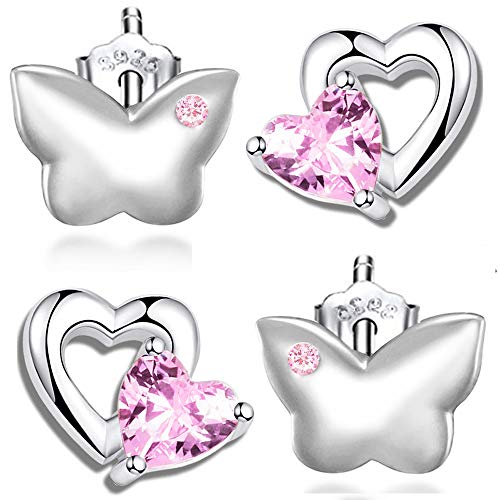 Mädchen Ohrringe echt 925 Sterling Silber Ohrstecker für Kinder kleine Schmuck rosa Kristall Steine Herzohrringe (K961+K710/ Schmetterling Herz) von FANTASTIC NAILS COSMETIC COLLECTIONS