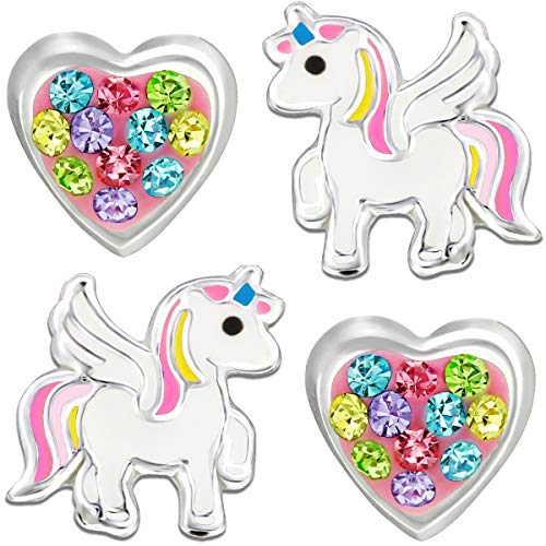 Mädchen Ohrringe 925 Sterling Silber bunte Ohrstecker Kinder Einhorn Pferde Herz K977+K315 von FANTASTIC NAILS COSMETIC COLLECTIONS