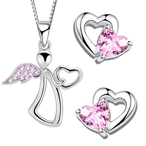 Mädchen Schutz-Engel Herz Schmuckset aus 925 Sterling Silber mit Zirkonia Kristall Hals-Kette Ohrringe (K798+K710+42cm) von FANTASTIC NAILS COSMETIC COLLECTIONS
