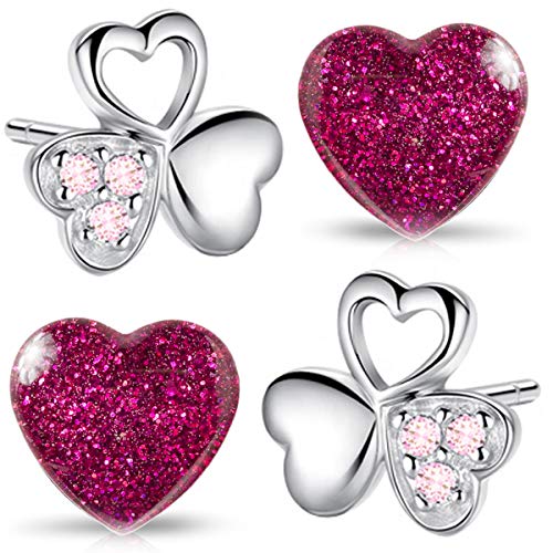 Schmuck Set Kinder Mädchen Ohrringe echt 925 Sterling Silber Edelstahl Ohrstecker Kleeblatt Herz Glitzer pink (K986o+K285o) von FANTASTIC NAILS COSMETIC COLLECTIONS