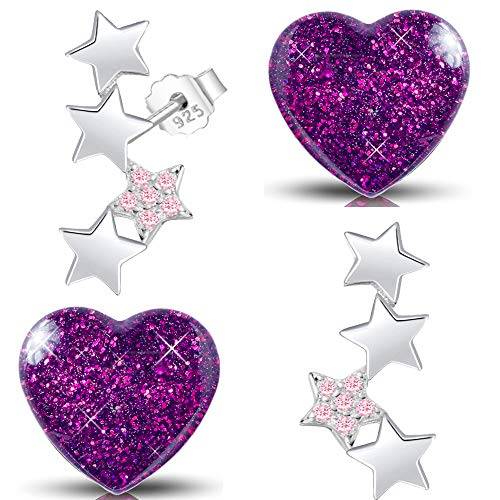 Set Kinder Mädchen Ohrringe aus echt 925 Sterling Silber Sterne Herz Edelstahl Ohrstecker Schmuck (K960+K296/ lila rosa Zirkonia Glitzer) von FANTASTIC NAILS COSMETIC COLLECTIONS