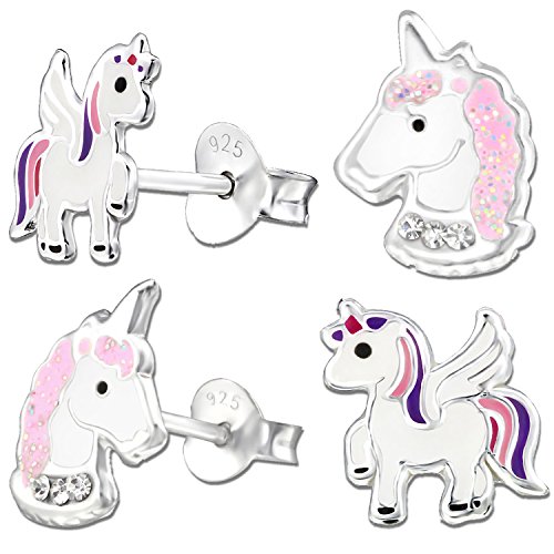 Set Kinder Mädchen Ohrstecker 925 Sterling Silber Ohrringe rosa Pferd Glitzer Einhorn K207+K200 von FANTASTIC NAILS COSMETIC COLLECTIONS