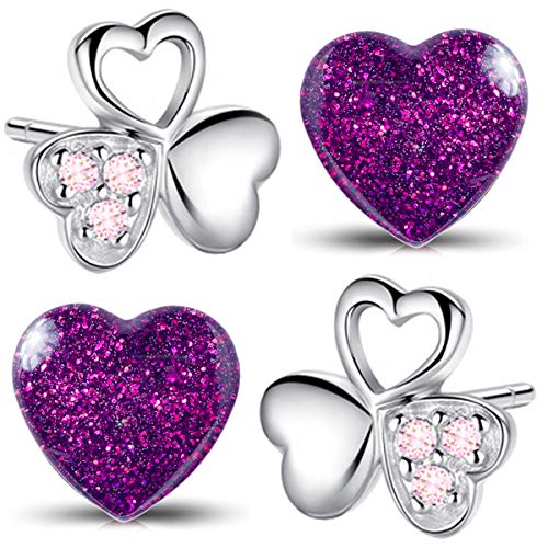 Set Kinder Mädchen Schmuck Ohrringe echt 925 Sterling Silber Edelstahl Ohrstecker Kleeblatt Herz Glücksbringer lila rosa (K986o+K296o) von FANTASTIC NAILS COSMETIC COLLECTIONS