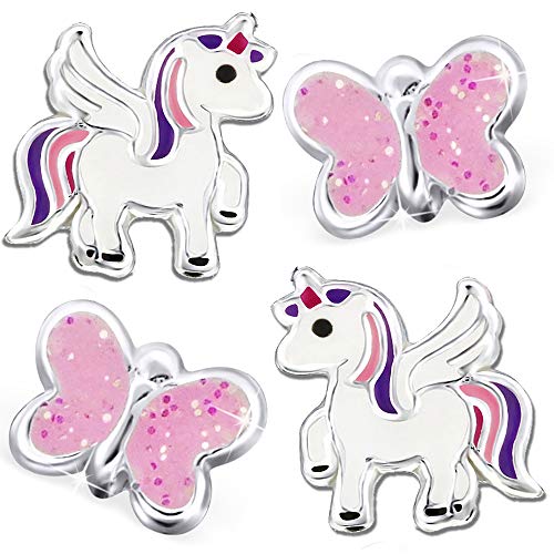 Set Mädchen Kinder Ohrringe 925 echt Silber Pferde Ohrstecker kleine Einhorn Glitzer Schmuck (Schmetterling Nr.1 + K200o) von FANTASTIC NAILS COSMETIC COLLECTIONS