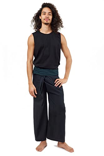 FANTAZIA Zelah Thai Loungewear Hose, Einheitsgröße, Blau, Einfarbig schwarz und blau gestreifter Gürtel, XXL von FANTAZIA
