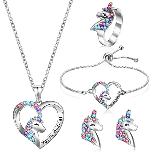FANTESI 5 Stück Einhorn Halskette Armband für Mädchen Einhorn Ring Ohrringe Herz Halskette Kinderschmuck Set mit Präsentkarton für Kindern Tochter von FANTESI