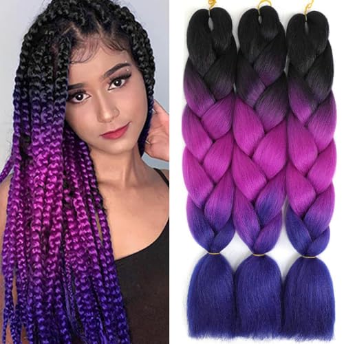 3 Packungen Braids Extensions Kunsthaar Crochet Braids Afro Zöpfe Synthetik Braiding Hair Haarverlängerung für Frauen Crochet Twist Braids Kunsthaar (Schwarz -Violett-Blau） von FANWYFYU