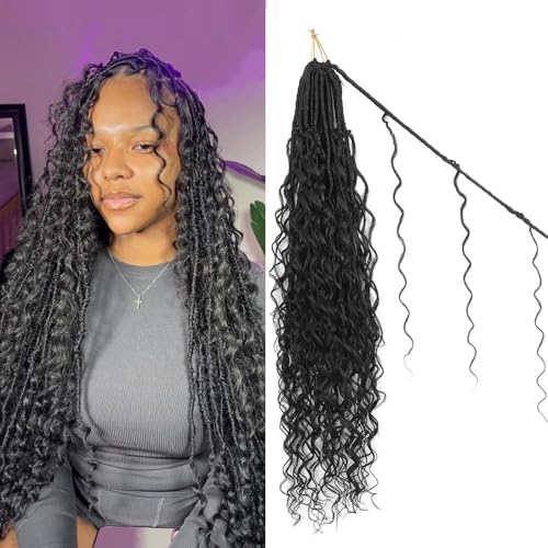 FANWYFYU Boho Faux Locs Crochet Hair 8 Packs Goddess Locs Boho Soft Locs Crochet Hair with Curly Ends Pre-looped Long Bohemian River Locs Crochet Hair For Women (1B, 24 Inch) von FANWYFYU