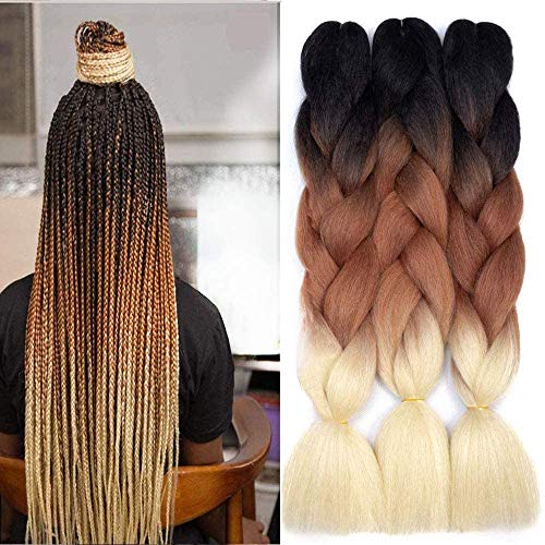 FanYu 3 Packs 24'' Synthetische Flechthaare für Frauen Ombre Jumbo Braids Haarverlängerungen für Häkelzöpfe (Schwarz-Braun-Blond) von FANWYFYU