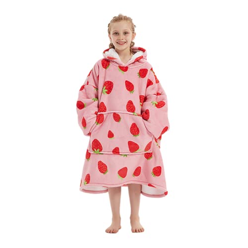 FANXIYA Weiche Hoodie Decke zum Anziehen Kinder Übergroße Flanell Pullover mit Ärmeln Kapuze Doppelseitig Verdickter Kuscheldecke Lammvlies Kuschelpullover für Jungen, Mädchen, Jugendliche (Pink) von FANXIYA