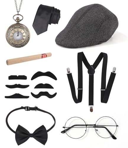 FAOKZE 20er Jahre Accessoires Herren, Jahre Herren Accessoires, Mafia Karneval Kostüm Herren, Mafia Kostüm Herren, Peaky Blinders Kostüm, Mafia Gatsby Gatsby Kostüm Set für Karneval Partys(12pcs) von FAOKZE