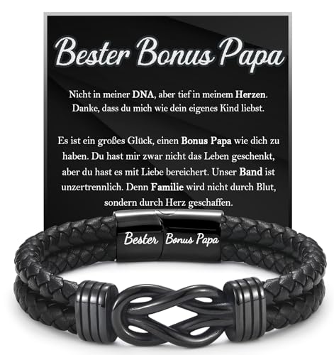 FAOMZQ Bonus Papa Geschenk, Lederarmband mit Gravur für Bonus Papa, Bedeutungsvolles Armband für Bonus Papa, Geschenke für Bonus Papa zum Geburtstag Weihnachten Vatertag von FAOMZQ