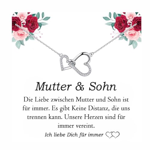FAOMZQ Mama Geschenk, Mutter Sohn Kette Sterling Silber Verbundener Herz Halskette Geschenke von Sohn für Mama, Geschenkideen für die Mutter zum Muttertag Geburtstag Weihnachten von FAOMZQ