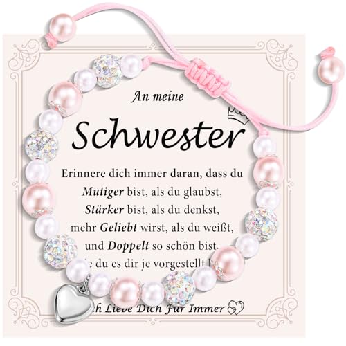 FAOMZQ Schwester Geschenk, Perlen Armband mit Herz für Schwester, Geschenke für Kleine Große Schwester von Bruder Geschwistern zum Geburtstag Weihnachten Abschluss Einschulung von FAOMZQ