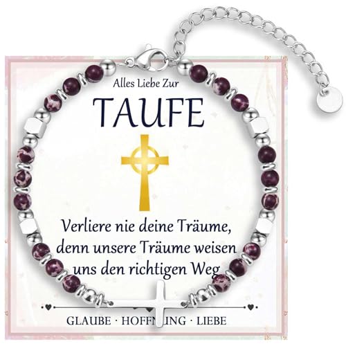 FAOMZQ Taufgeschenke für Mädchen, Kreuz Armband Geschenk für Mädchen, Geschenke zur Taufe für Mädchen Tochter Nichte Enkelin Schwester Patentochter Patenkind von Mama Papa Großeltern Taufpaten, Lila von FAOMZQ