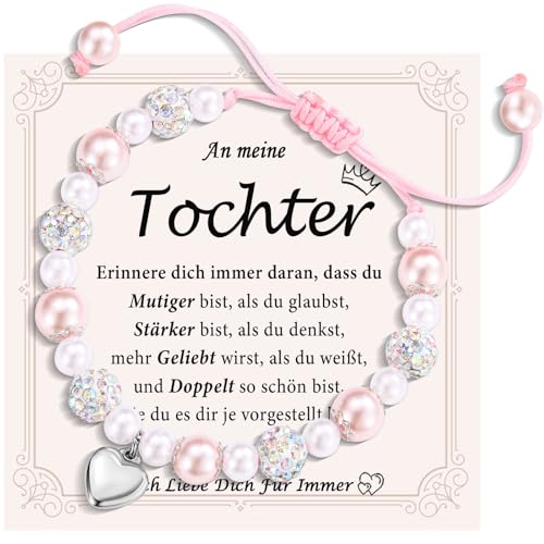 FAOMZQ Tochter Geschenk, Perlen Armband mit Herz für Tochter, Geschenke für Tochter von Mama Papa Eltern zum Geburtstag Weihnachten Abschluss Einschulung von FAOMZQ