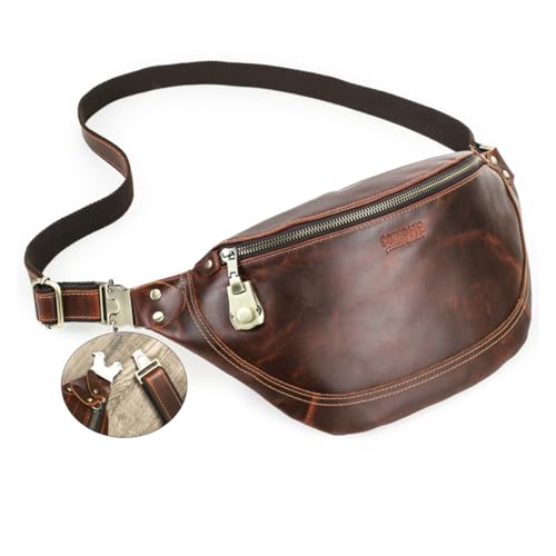 Herren Sling Brusttasche Echtleder Verstellbare Gürteltasche mit Anti-Diebstahl Sperre, Vintage Umhängetasche, Casual Crossbody Rucksack Gürteltasche für Reisen Radfahren Wandern Coffee von FAOONNMY