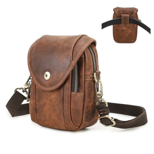 Kleine Echtleder Umhängetasche Sling Schultertasche Verstellbare für Herren, Retro Handy Hüfttasche mit Gürtelschlaufe, Multifunktionale Gürteltasche Casual Outdoor Reisetasche Handytasche Brown von FAOONNMY