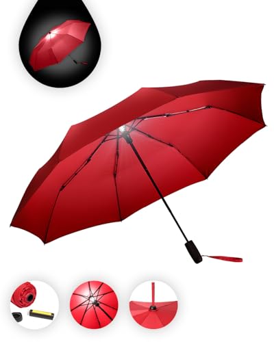 FARE Oversize-Taschenschirm Skylight (rot) - Effektvoller Regenschirm mit LED-Innenbeleuchtung und Aufhängefunktion von FARE