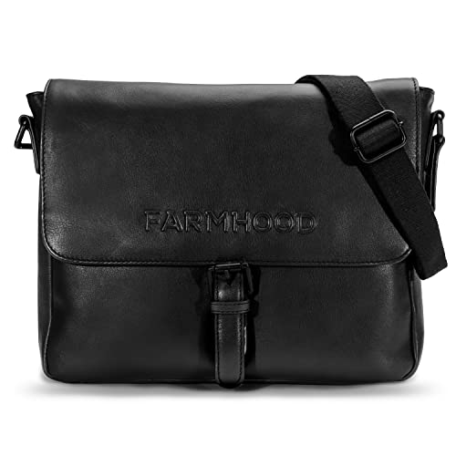 FARMHOOD Memphis Damen/Herren Aktentasche mittelgroß 32 cm - Messenger Bag aus Leder mit 2 Steckfächer innen - Handtasche mit Reißverschlussfach auf der Rückseite (black) von FARMHOOD