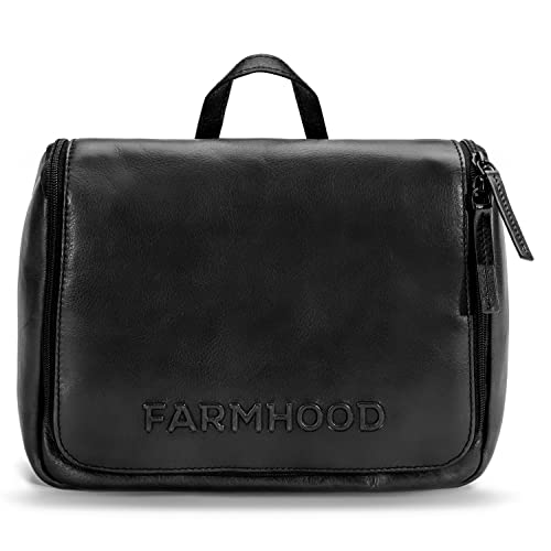 FARMHOOD Memphis Damen/Herren Leder Kulturbeutel | große Kosmetiktasche mit Haken zum Aufhängen | viele Fächer mit Reißverschluss | Beauty-Case 27 cm mit Reißverschluss auf der Rückseite von Farmhood