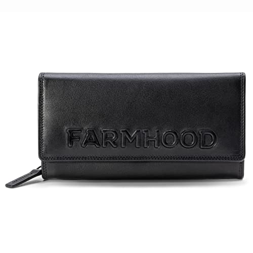 FARMHOOD Memphis Damen Geldbörse aus Leder 19 cm - großes Portemonnaie mit 18 Kreditkartenfächer - Geldbeutel viele Fächer Querformat (Black) von FARMHOOD