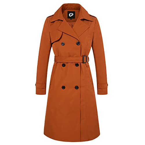 FARVALUE Damen Langer Trenchcoat zweireihiger Trenchcoat wasserabweisend klassischer Pfauenmantel mit Gürtel, Caramel, XL von FARVALUE