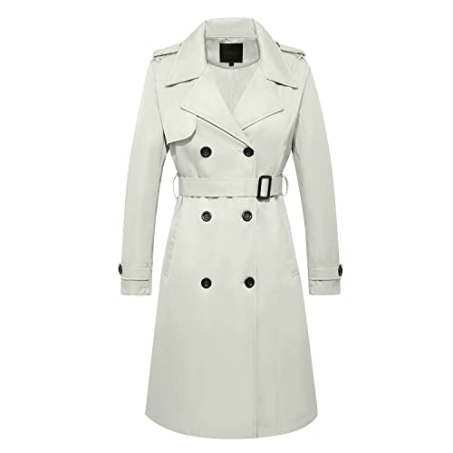 FARVALUE Damen Langer Trenchcoat zweireihiger Trenchcoat wasserabweisend klassischer Pfauenmantel mit Gürtel, Hellgrau, S von FARVALUE