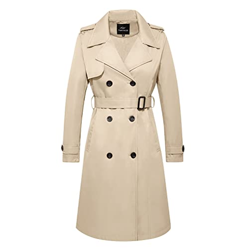 FARVALUE Damen Langer Trenchcoat zweireihiger Trenchcoat wasserabweisend klassischer Pfauenmantel mit Gürtel, Khaki, XXL von FARVALUE