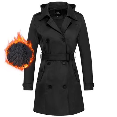 FARVALUE Wasserdichter Trenchcoat für Damen, Winter, zweireihig, Windbreaker, klassischer Revers mit Gürtel, Schwarzes Baumwollfutter mit Kapuze, S von FARVALUE