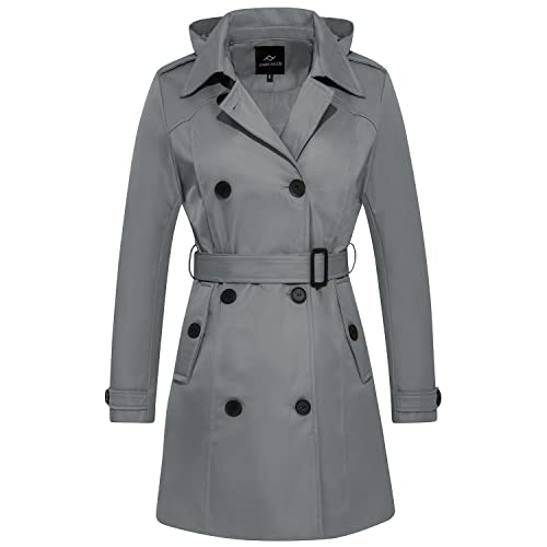 FARVALUE Wasserdichter Trenchcoat für Damen, zweireihig, Windbreaker, klassischer Gürtel, Revers mit abnehmbarer Kapuze, GRAU, S von FARVALUE