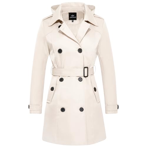 FARVALUE Damen Wasserdichter Trenchcoat Zweireihiger Windbreaker Klassischer Revers Revers Mantel mit abnehmbarer Kapuze, Beige, XXL von FARVALUE