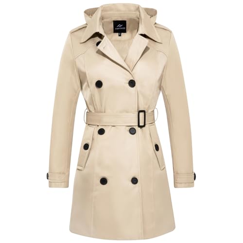 FARVALUE Damen Wasserdichter Trenchcoat Zweireihiger Windbreaker Klassischer Revers Revers Mantel mit abnehmbarer Kapuze, Khaki, XXL FARVALUE Damen Wasserdichter Trenchcoat Zweireihiger Windbreaker Klassischer Revers Revers Mantel mit abnehmbarer Kapuze, Khaki, XXL von FARVALUE