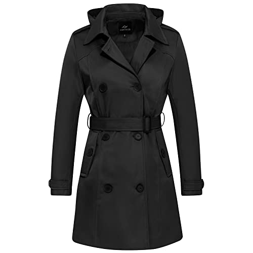 FARVALUE Damen Wasserdichter Trenchcoat Zweireihiger Windbreaker Klassischer Revers Revers Mantel mit abnehmbarer Kapuze, Schwarz, S von FARVALUE