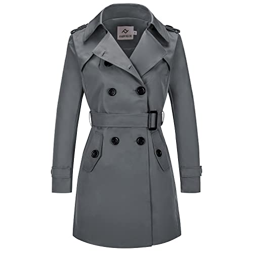 FARVALUE Damen Zweireihiger Trenchcoat Wasserabweisend Windbreaker Klassischer Gürtel Revers Mantel, grau, Large von FARVALUE