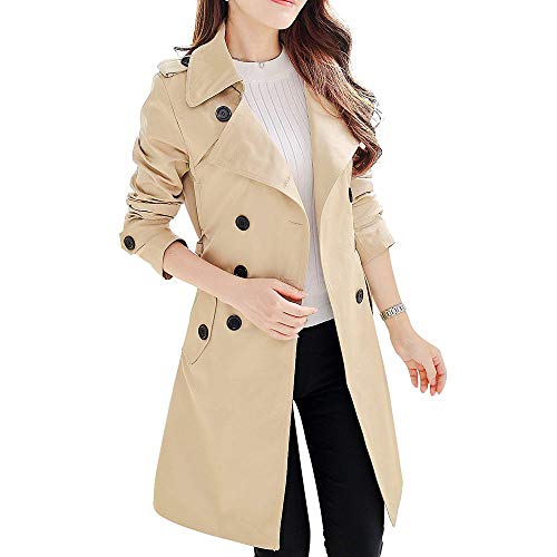 FARVALUE Damen zweireihiger Trenchcoat wasserabweisend Windbreaker klassischer Gürtel Revers Mantel, Khaki, XS von FARVALUE