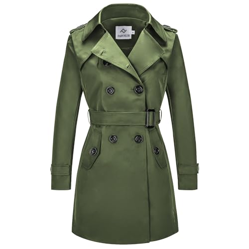 FARVALUE Damen zweireihiger Trenchcoat wasserabweisend Windbreaker klassischer Revers mit Gürtel, Grün , S von FARVALUE