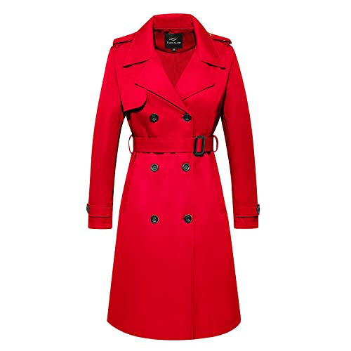 FARVALUE Langer Trenchcoat für Damen, zweireihiger Trenchcoat, wasserabweisend, klassischer Peacoat mit Gürtel, rot, Medium von FARVALUE