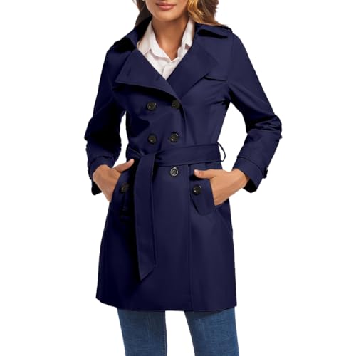 FARVALUE Zweireihiger Damen-Trenchcoat, wasserabweisend, Windbreaker, klassischer Reversmantel mit Gürtel, A-navy, XL FARVALUE Zweireihiger Damen-Trenchcoat, wasserabweisend, Windbreaker, klassischer Reversmantel mit Gürtel, A-navy, XL von FARVALUE
