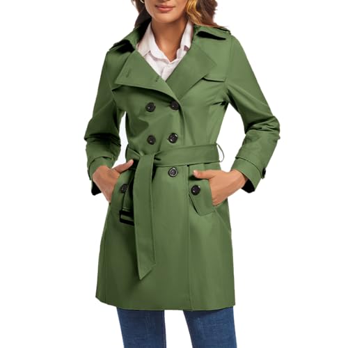 FARVALUE Zweireihiger Damen-Trenchcoat, wasserabweisend, Windbreaker, klassischer Reversmantel mit Gürtel, Grün (Army Green), XL von FARVALUE