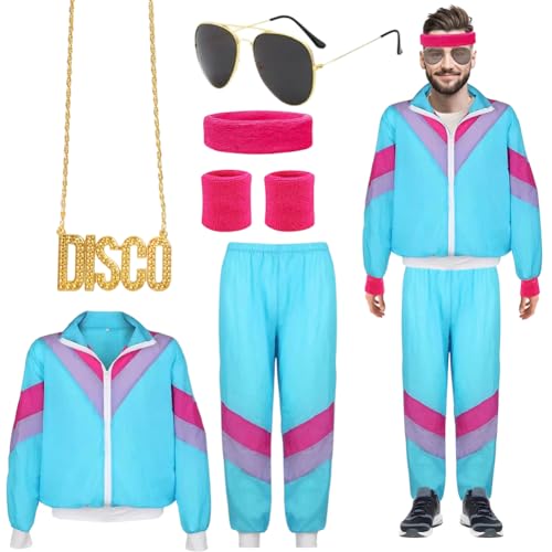 FARYODI 80er Jahre Kostüm für Herren Damen,Blau,Kostüm Trainingsanzug,Jogginganzug,Party Accessoires für Faschingskostüm Karneval - L von FARYODI
